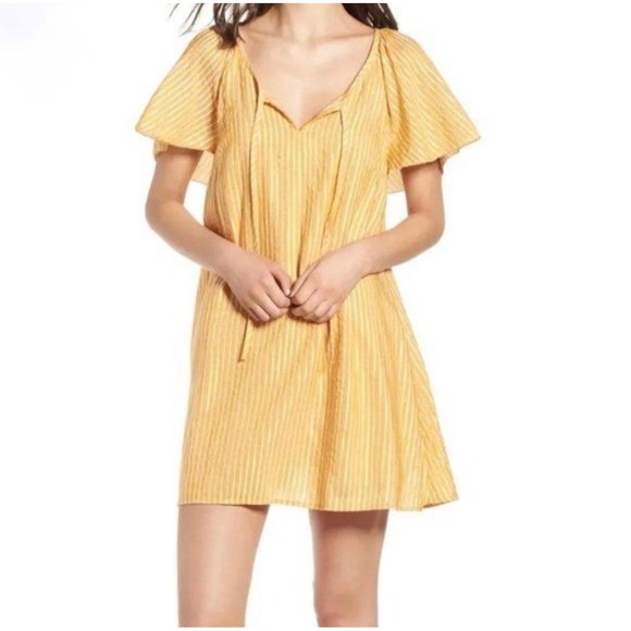 hinge Dresses & Skirts - Hinge Yellow Striped Metallic Flutter Sleeve Mini Dress